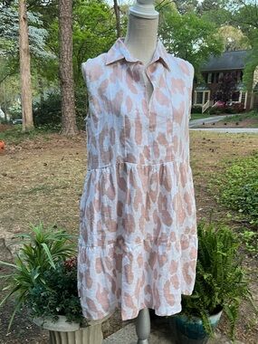 LJC Designs Linen Sundress Sleeveless Collared V-Neck Pockets Ruffle Medium